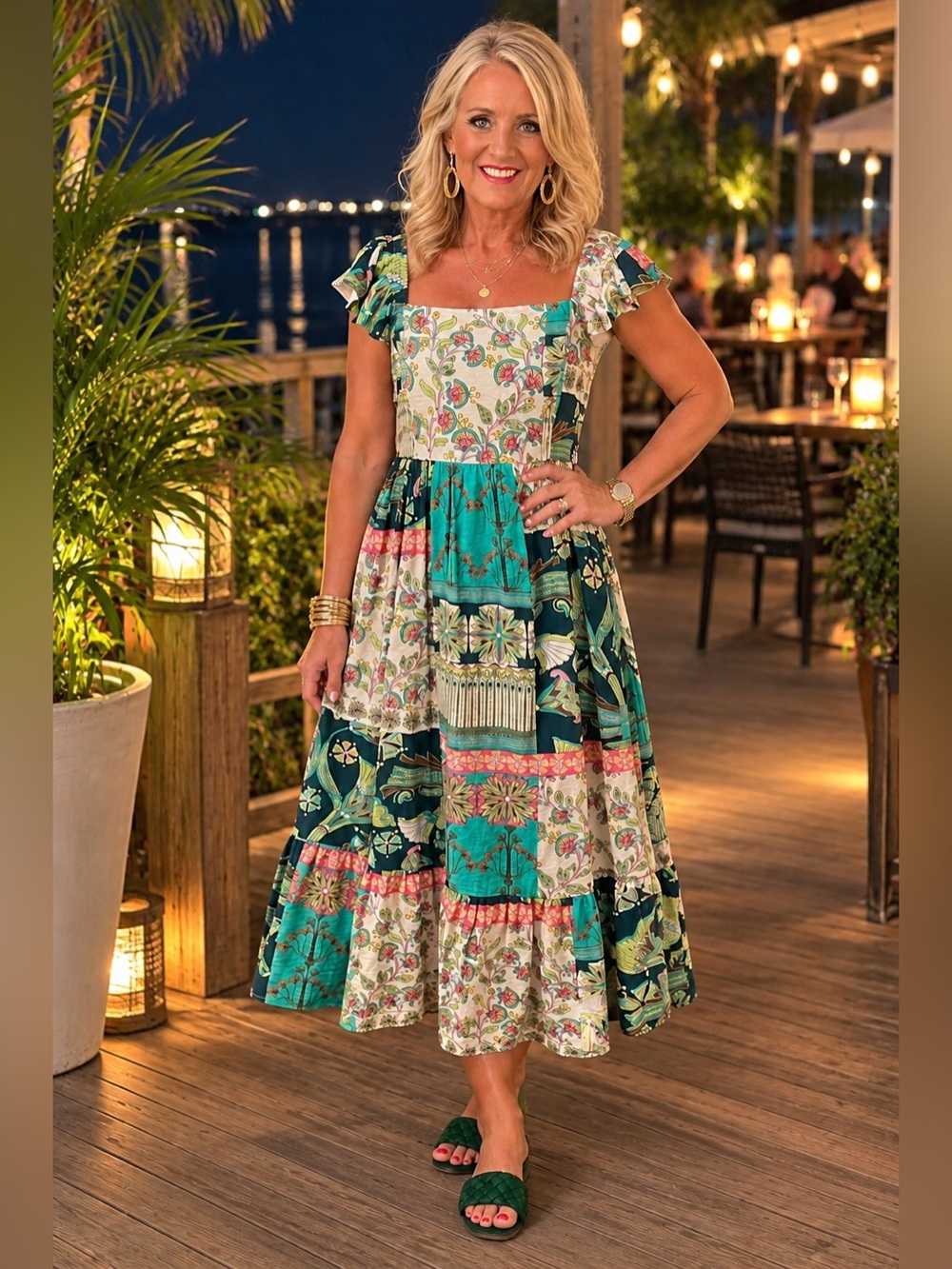 entro Teal Multi Floral Patchwork Square-Neck Midi Dress Medium